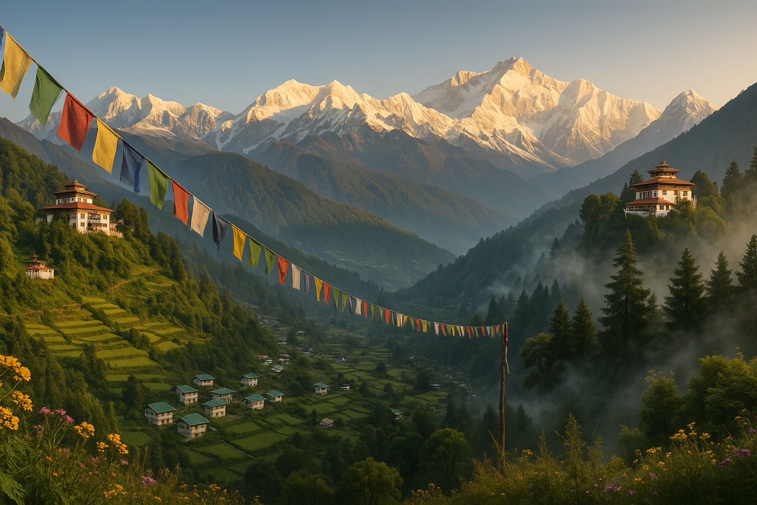 Colorful monastery flags and temple in Sikkim hills